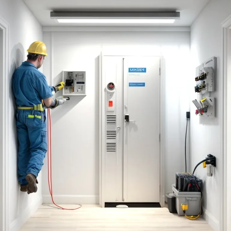 Técnico instalando tablero eléctrico en oficina